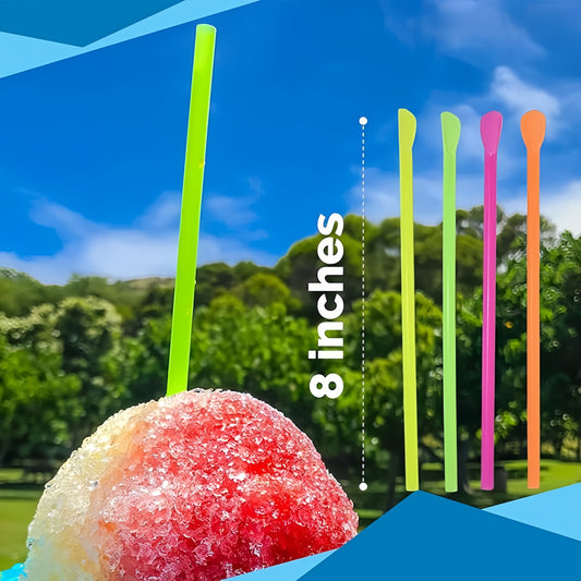 8" Unwrapped Snow Cone Spoon Straws, Assorted Bright Colors, 200-Pack