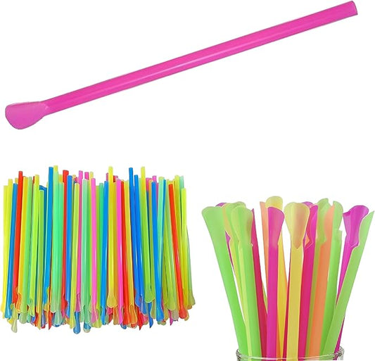 8" Unwrapped Snow Cone Spoon Straws, Assorted Bright Colors, 200-Pack
