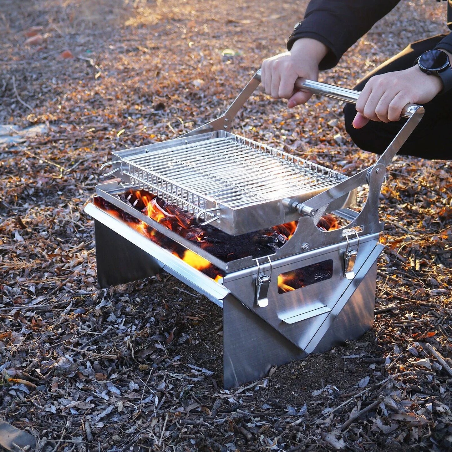 Portable Stainless Steel Outdoor, BBQ Grill 360° Rotating Charcoal Grill