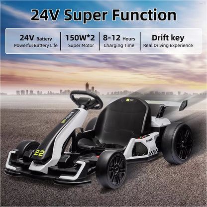 Kids' 24V Electric Go Kart - 2x150W Motors, 8mph, 110lbs Capacity