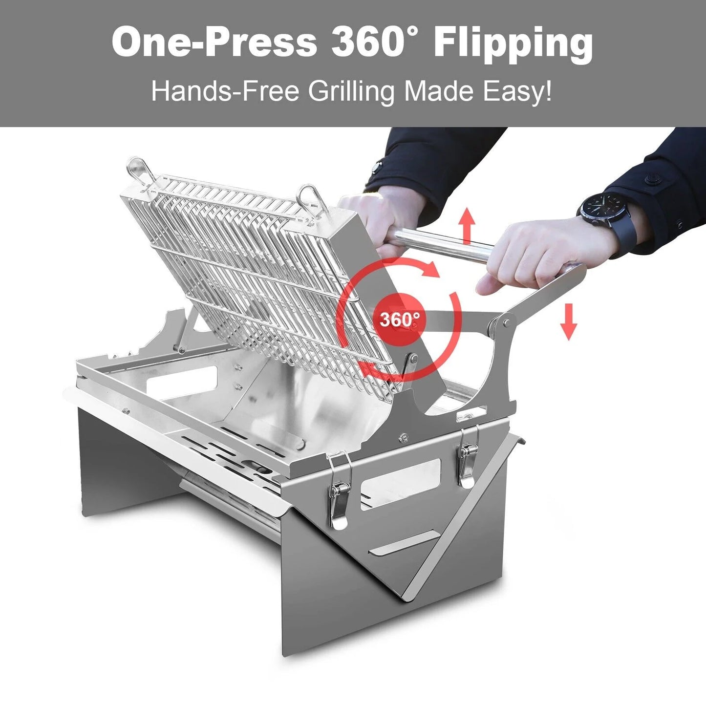 Portable Stainless Steel Outdoor, BBQ Grill 360° Rotating Charcoal Grill