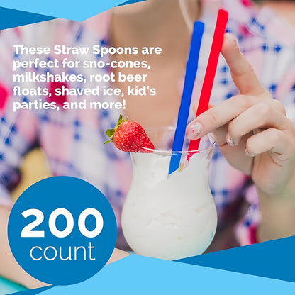 8" Unwrapped Snow Cone Spoon Straws, Assorted Bright Colors, 200-Pack