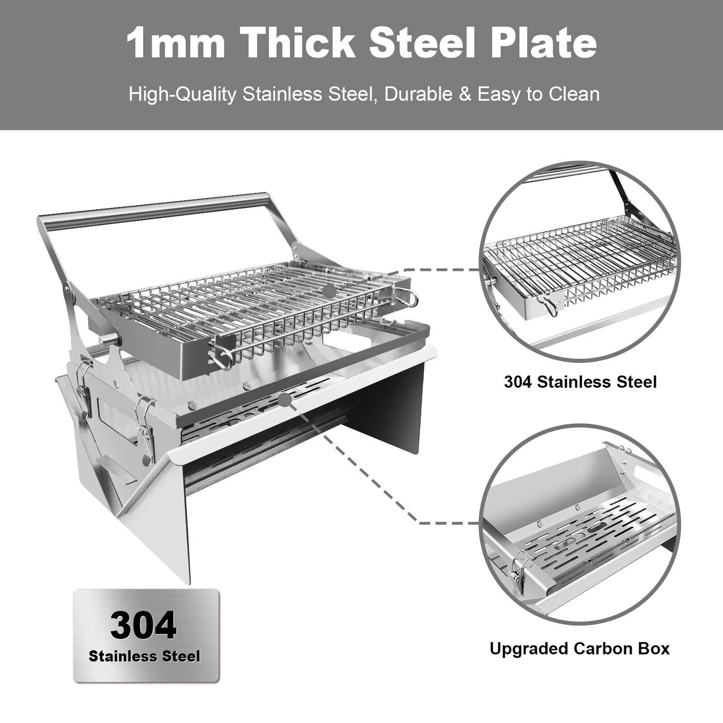 Portable Stainless Steel Outdoor, BBQ Grill 360° Rotating Charcoal Grill