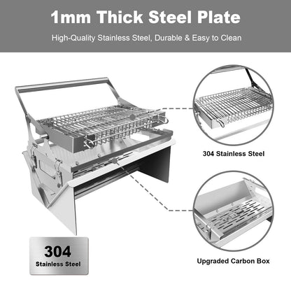 Portable Stainless Steel Outdoor, BBQ Grill 360° Rotating Charcoal Grill