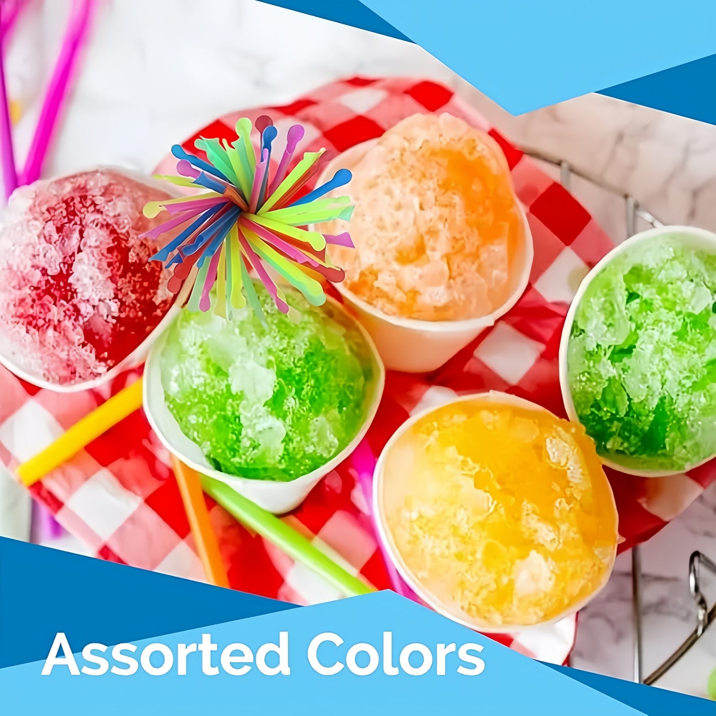 8" Unwrapped Snow Cone Spoon Straws, Assorted Bright Colors, 200-Pack