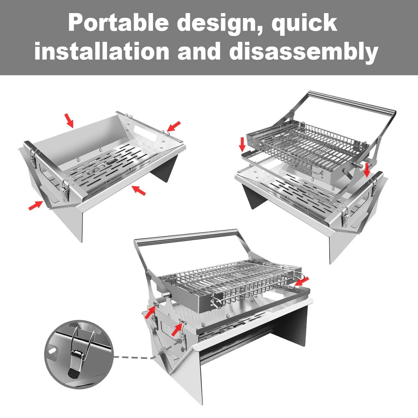 Portable Stainless Steel Outdoor, BBQ Grill 360° Rotating Charcoal Grill