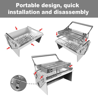 Portable Stainless Steel Outdoor, BBQ Grill 360° Rotating Charcoal Grill