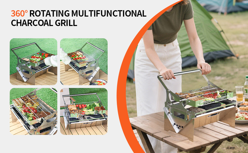 Portable Stainless Steel Outdoor, BBQ Grill 360° Rotating Charcoal Grill